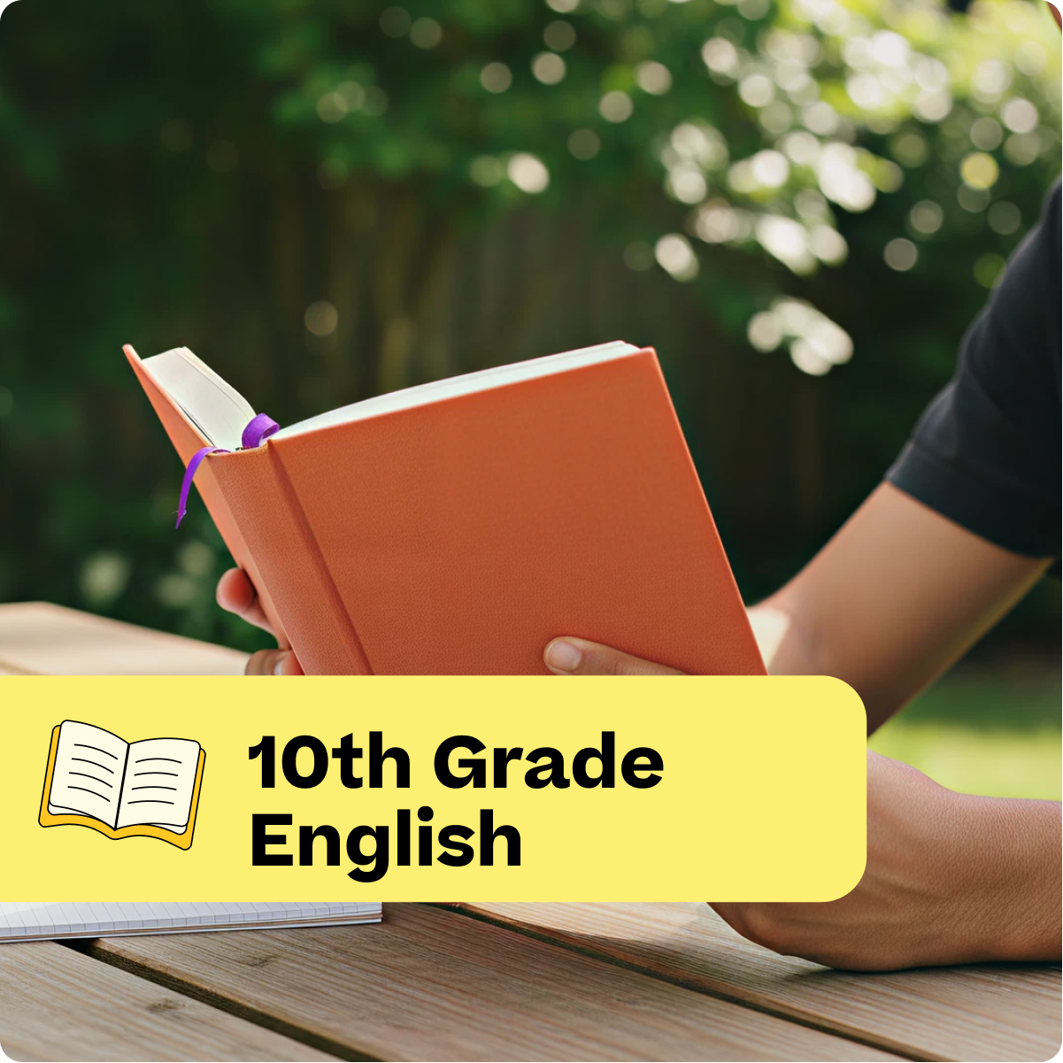 Person holding an open book outdoors with a yellow banner indicating '10th Grade English'.