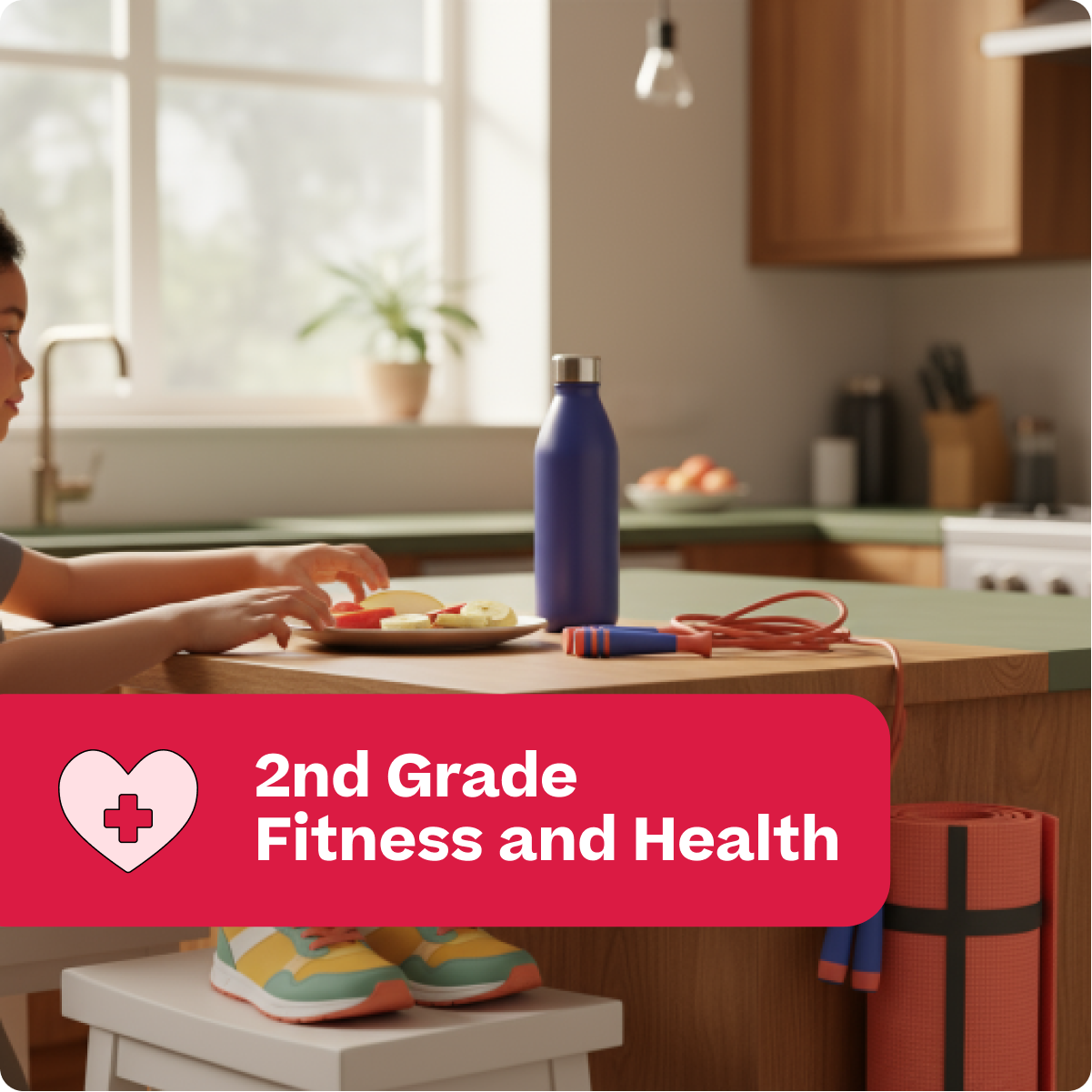 Person eating at a kitchen table with a purple water bottle and jump rope, labeled '2nd Grade Fitness and Health'.