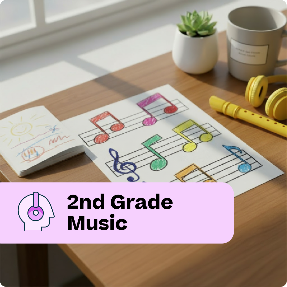 Colorful music notes on a sheet of paper with a yellow recorder and plant on a wooden desk.