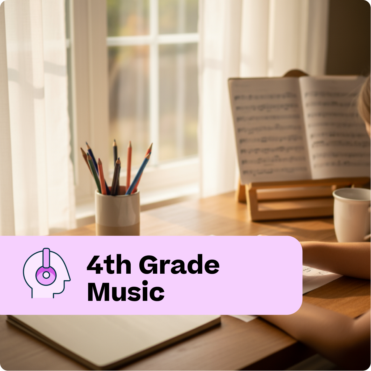 Person studying music with sheet music and pencils on a desk, labeled '4th Grade Music'.