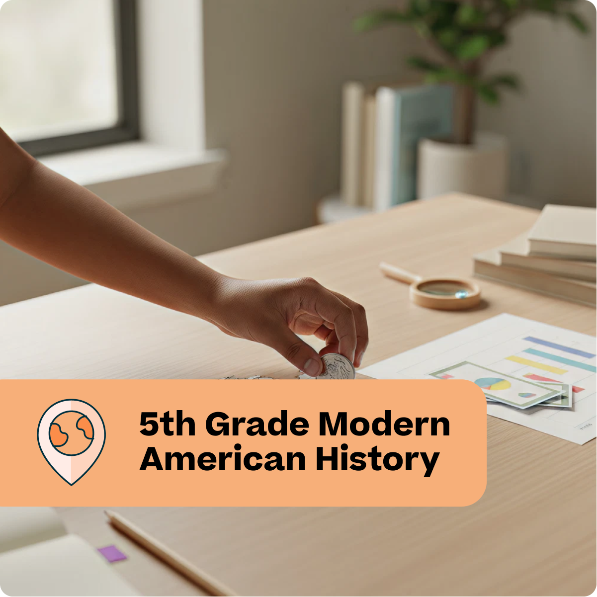 Person holding a coin on a desk with educational materials, labeled '5th Grade Modern American History'.