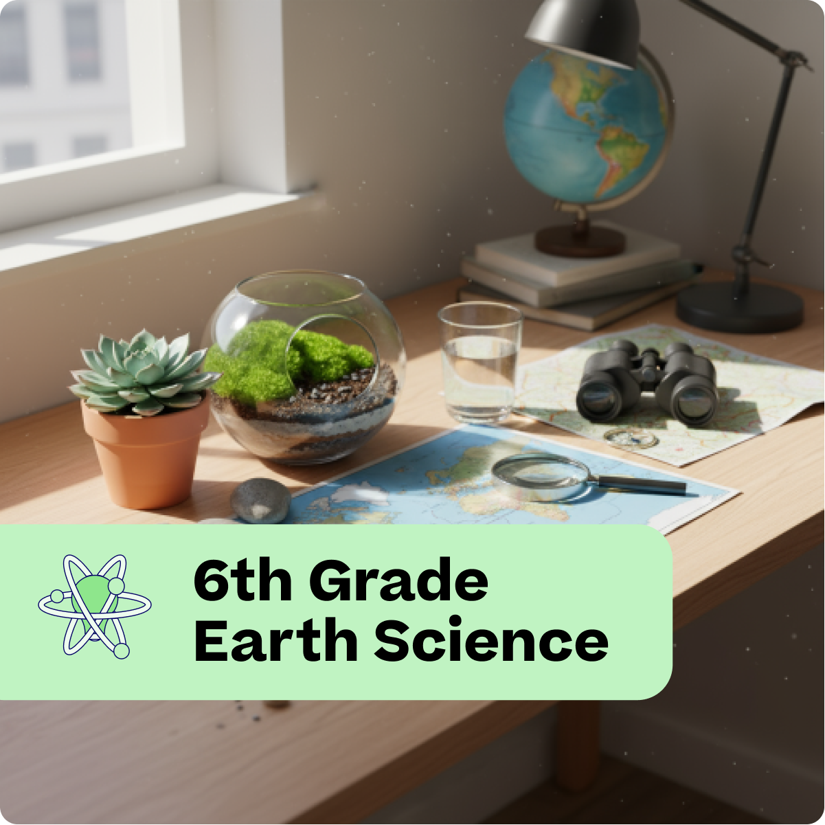 Educational setup on a desk with plants, globe, and books labeled '6th Grade Earth Science'.