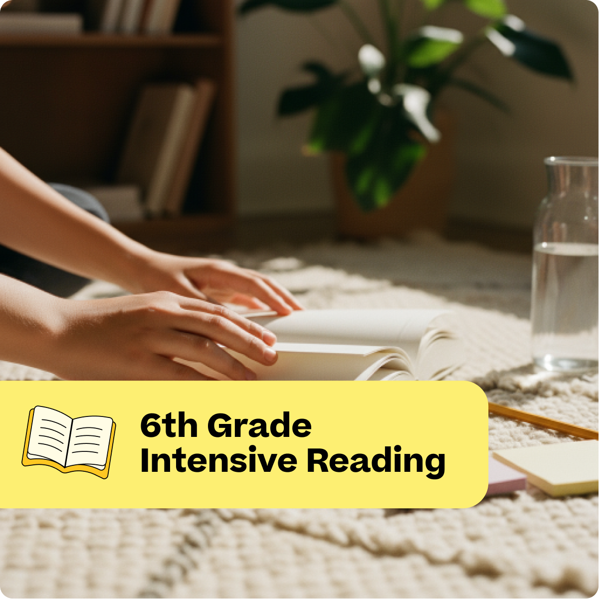 Person reading a book with a yellow banner labeled '6th Grade Intensive Reading' on a cozy living room rug.