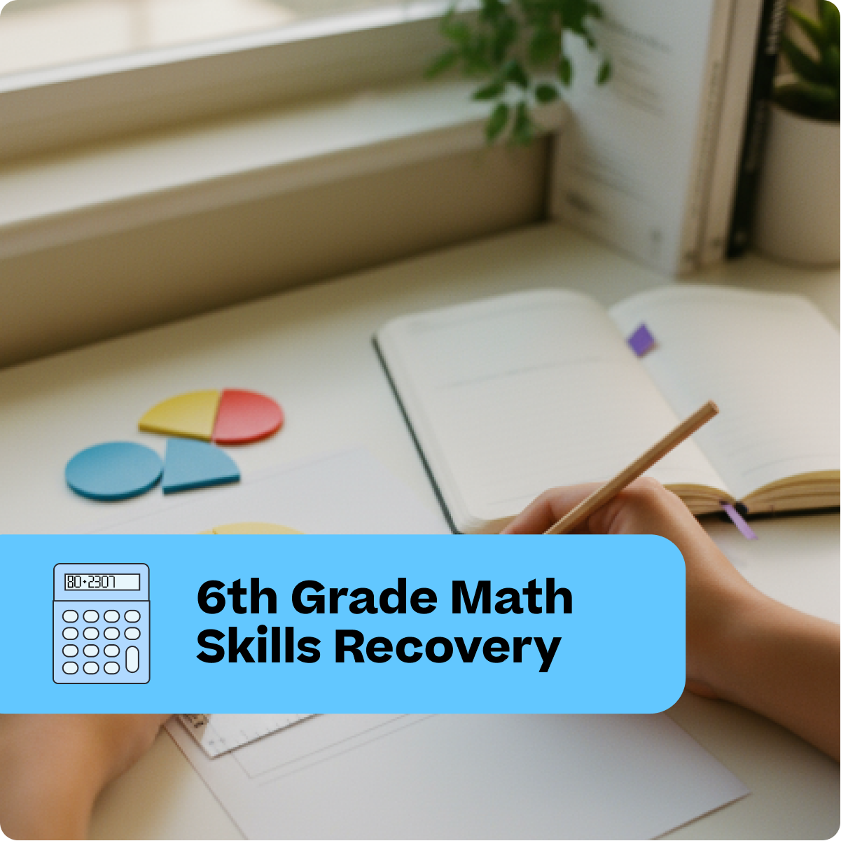 Person holding a pencil with educational materials and '6th Grade Math Skills Recovery' text overlay.