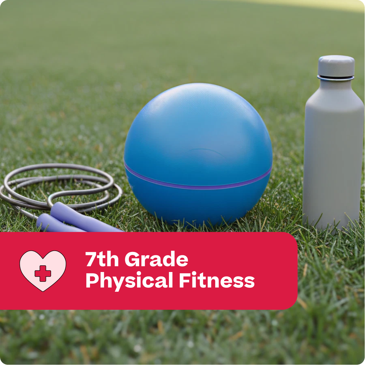 Blue exercise ball, jump rope, and white water bottle on grass with '7th Grade Physical Fitness' text.