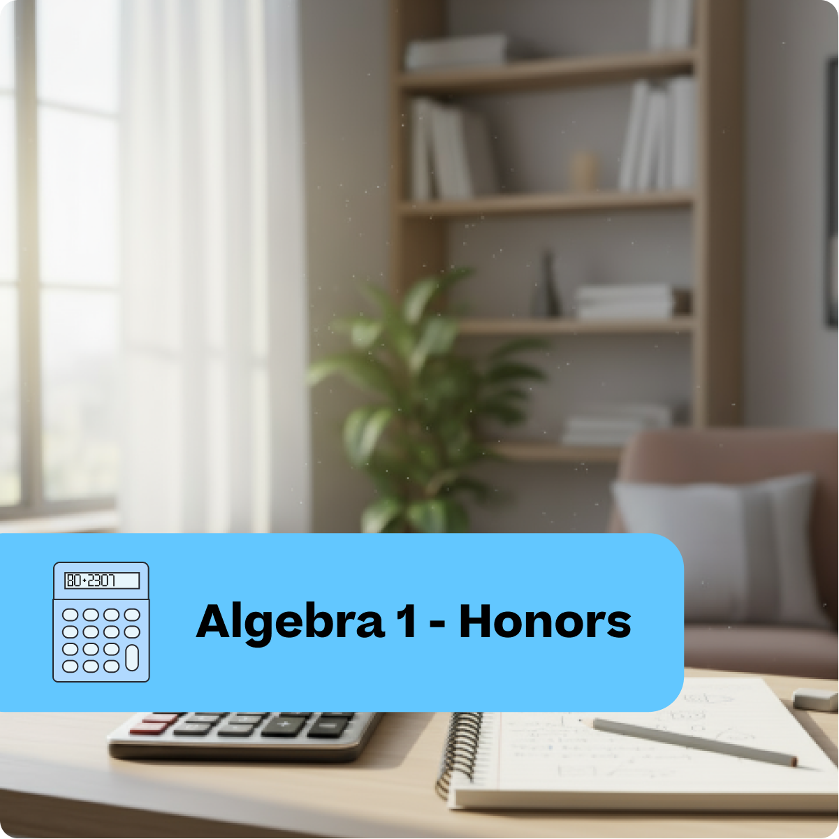 Desk with calculator, notebook, and pen in a room with a bookshelf and plant.