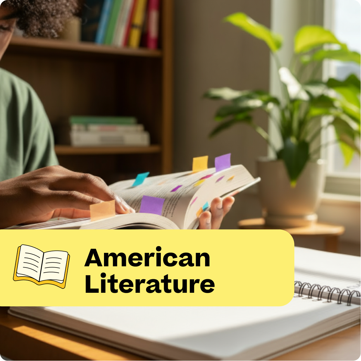 Person studying American Literature with colorful flags on a book, in a home setting with a plant and books.