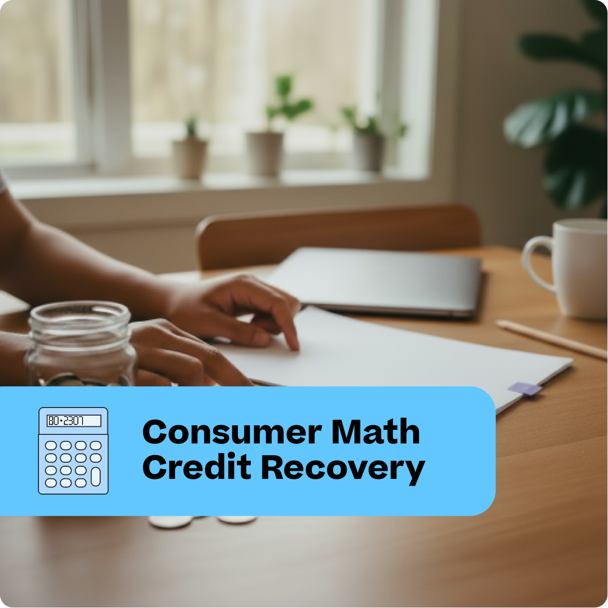 Person working on a math problem with a calculator, laptop, and cup of coffee on a desk.