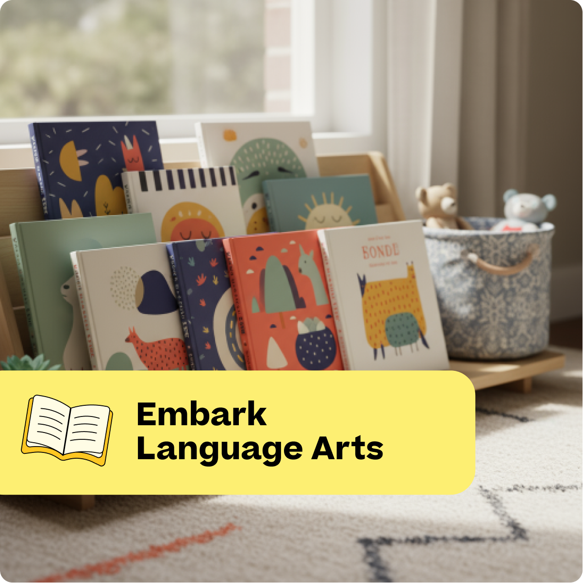 Children's books with colorful covers on a shelf in a room setting, featuring the text 'Embark Language Arts'.
