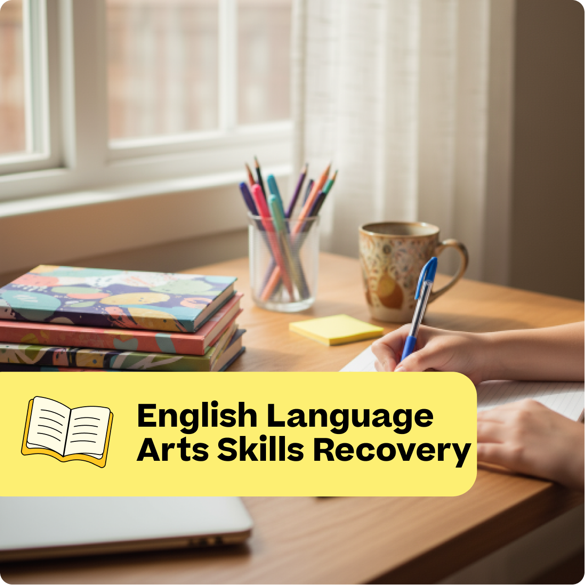 Person studying with books and a laptop on a desk, with text overlay about English Language Arts Skills Recovery.