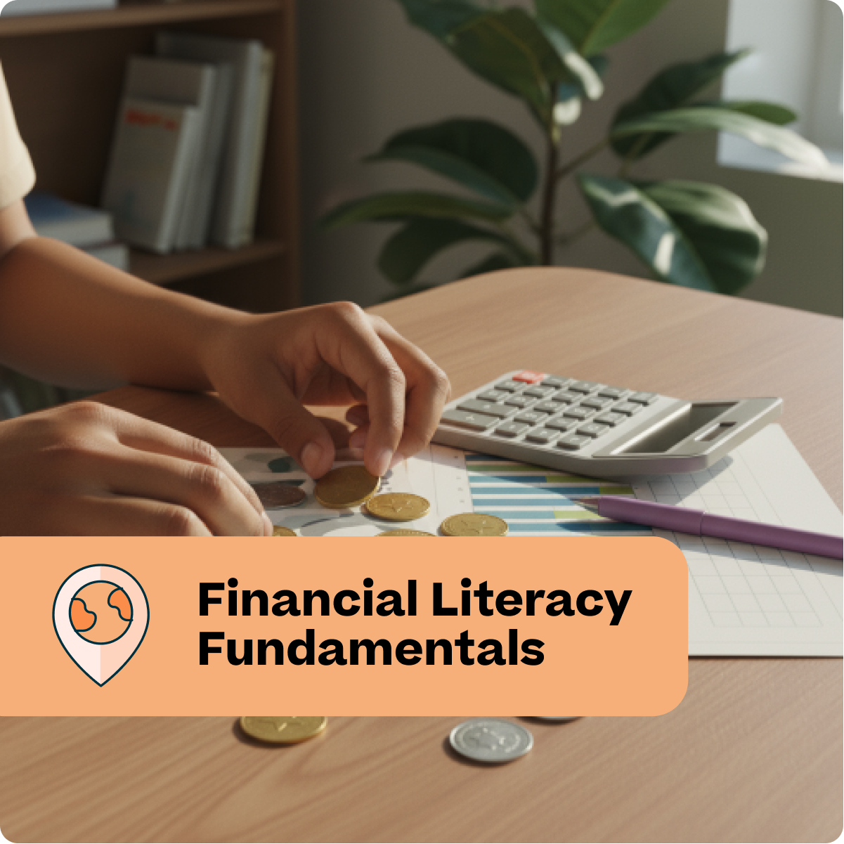 Person counting coins with a calculator and books on a table, labeled 'Financial Literacy Fundamentals'.