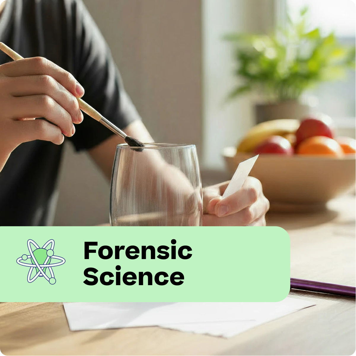 Person holding a glass with a spoon, with 'Forensic Science' text overlay.