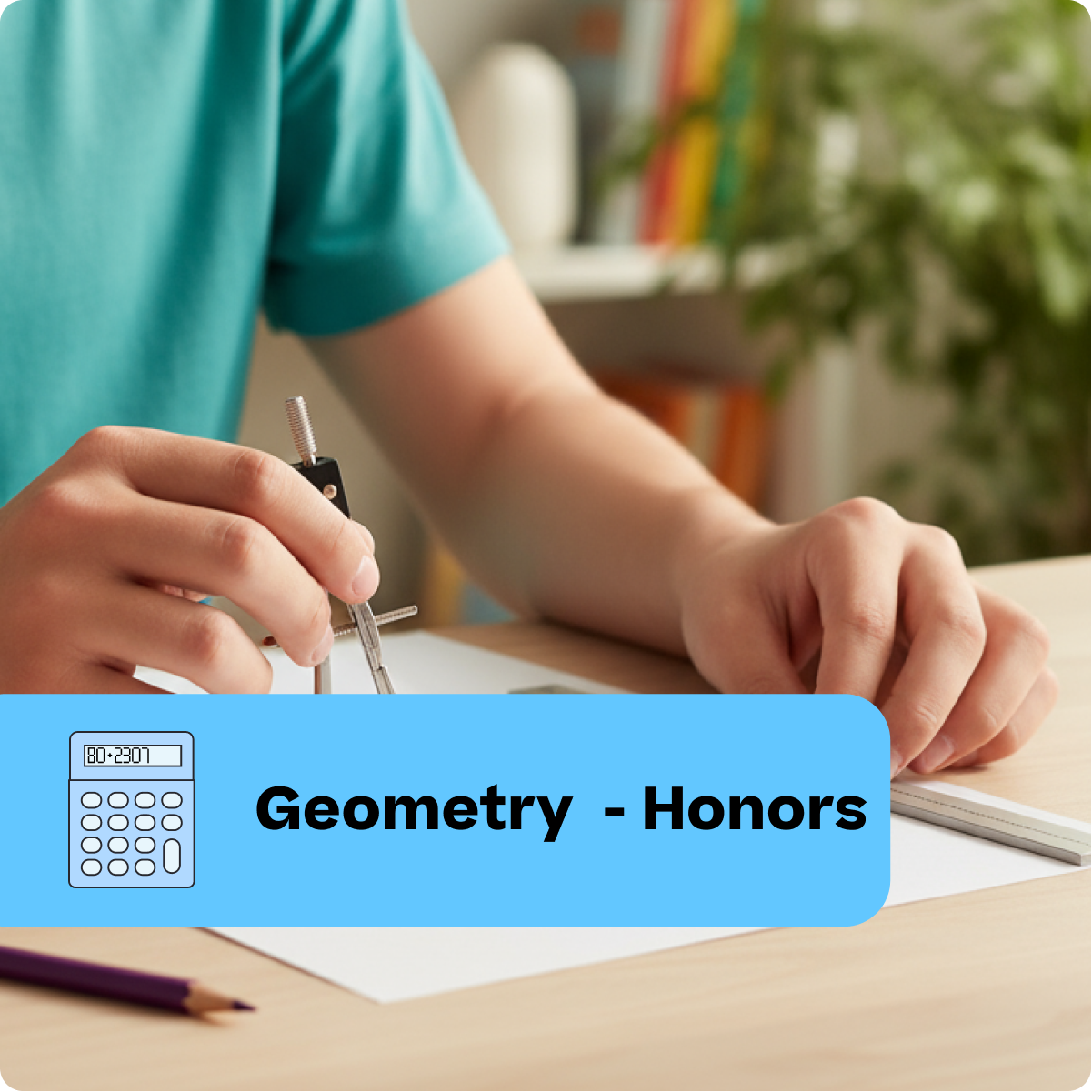 Person working on geometry homework with a compass and calculator, labeled 'Geometry - Honors'.