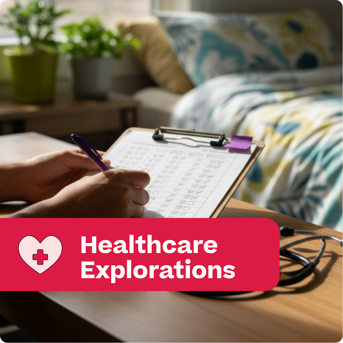 Person writing on a clipboard with a stethoscope nearby, in a home setting with 'Healthcare Explorations' text overlay.