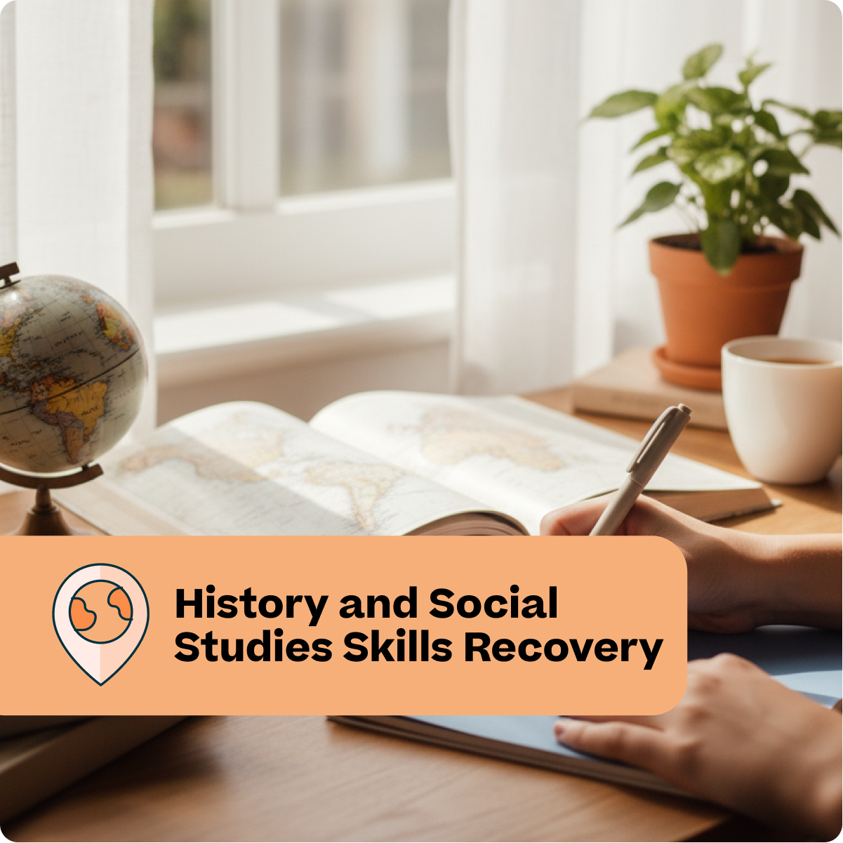 Person studying with books and a pen on a desk, with a globe and plant in the background.