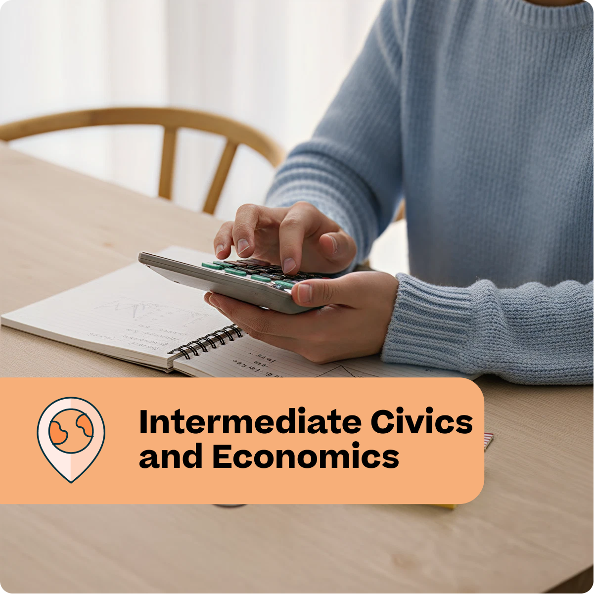 Person using a calculator with an open book on a table, labeled 'Intermediate Civics and Economics'.
