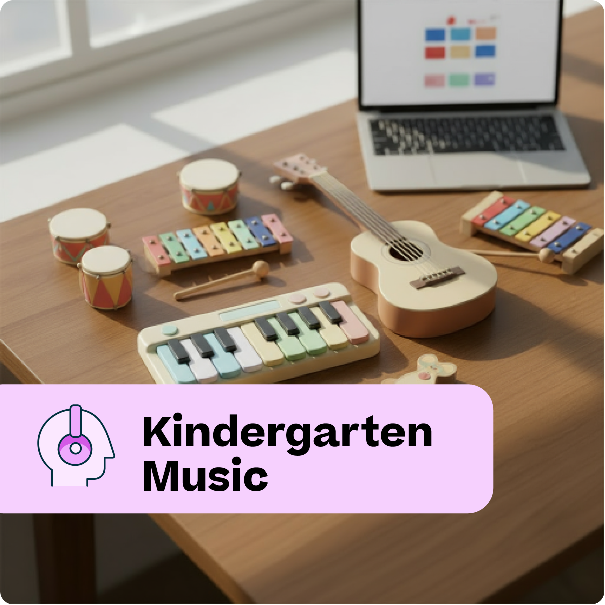 Children's musical toys on a table with a laptop displaying educational content.