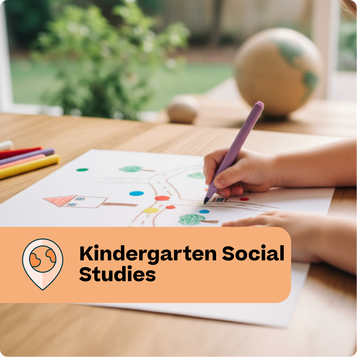 Child drawing on paper with colored pencils, labeled 'Kindergarten Social Studies'.