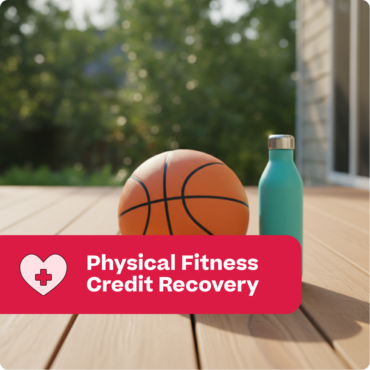 Basketball and teal water bottle on a wooden deck with 'Physical Fitness Credit Recovery' text overlay.