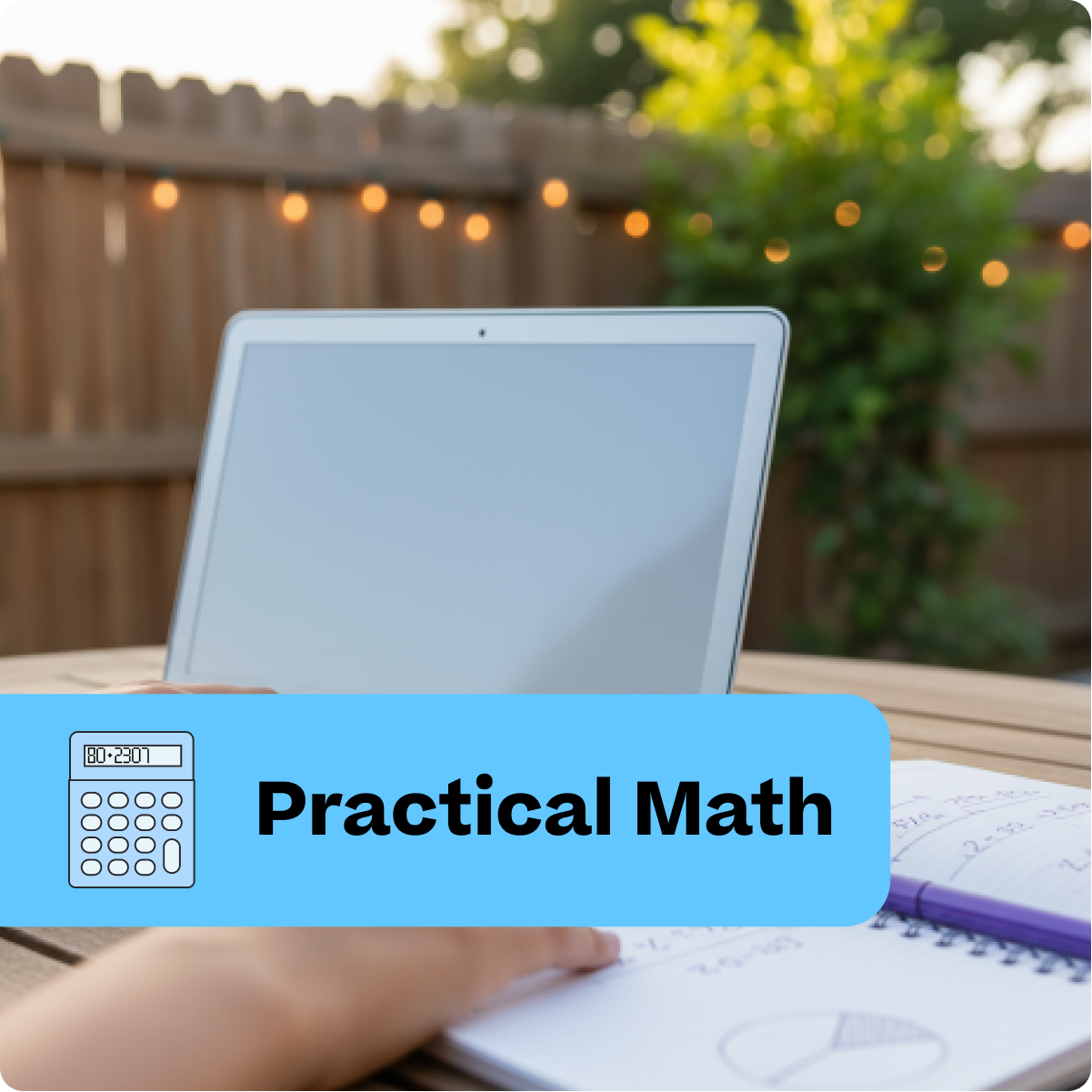 Laptop on a table outdoors with 'Practical Math' text and calculator icon.