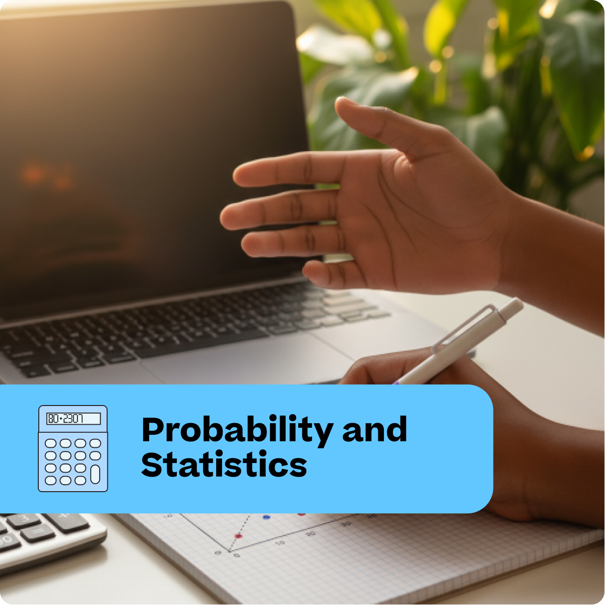 Person using a laptop with a calculator and graph paper, indicating a focus on probability and statistics.