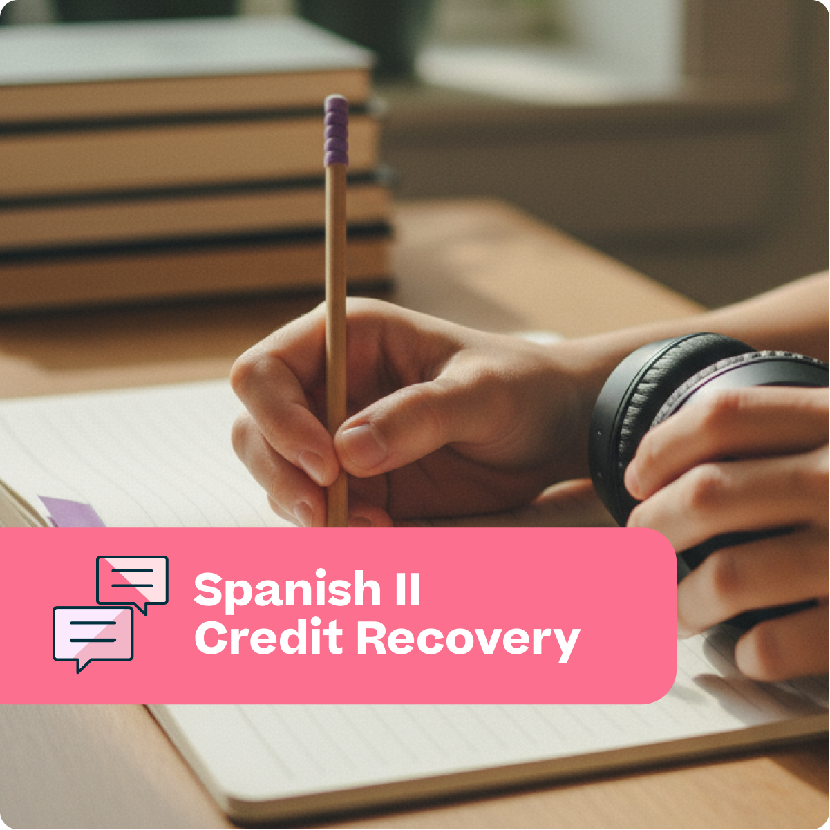 Person holding a pen with a pink banner displaying 'Spanish II Credit Recovery' on a blurred background of books and a desk.