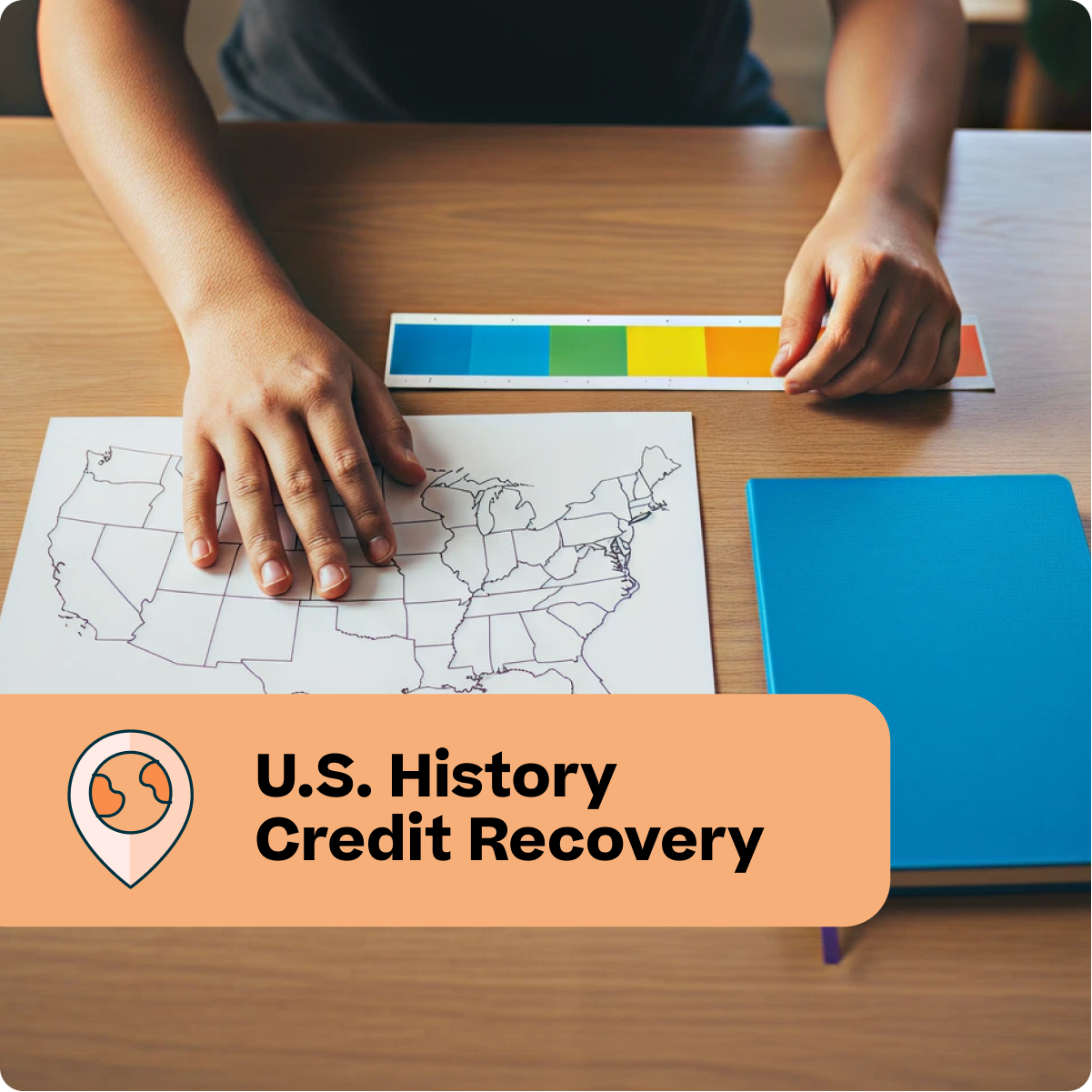 Person coloring a map of the United States with colored pencils on a wooden table.