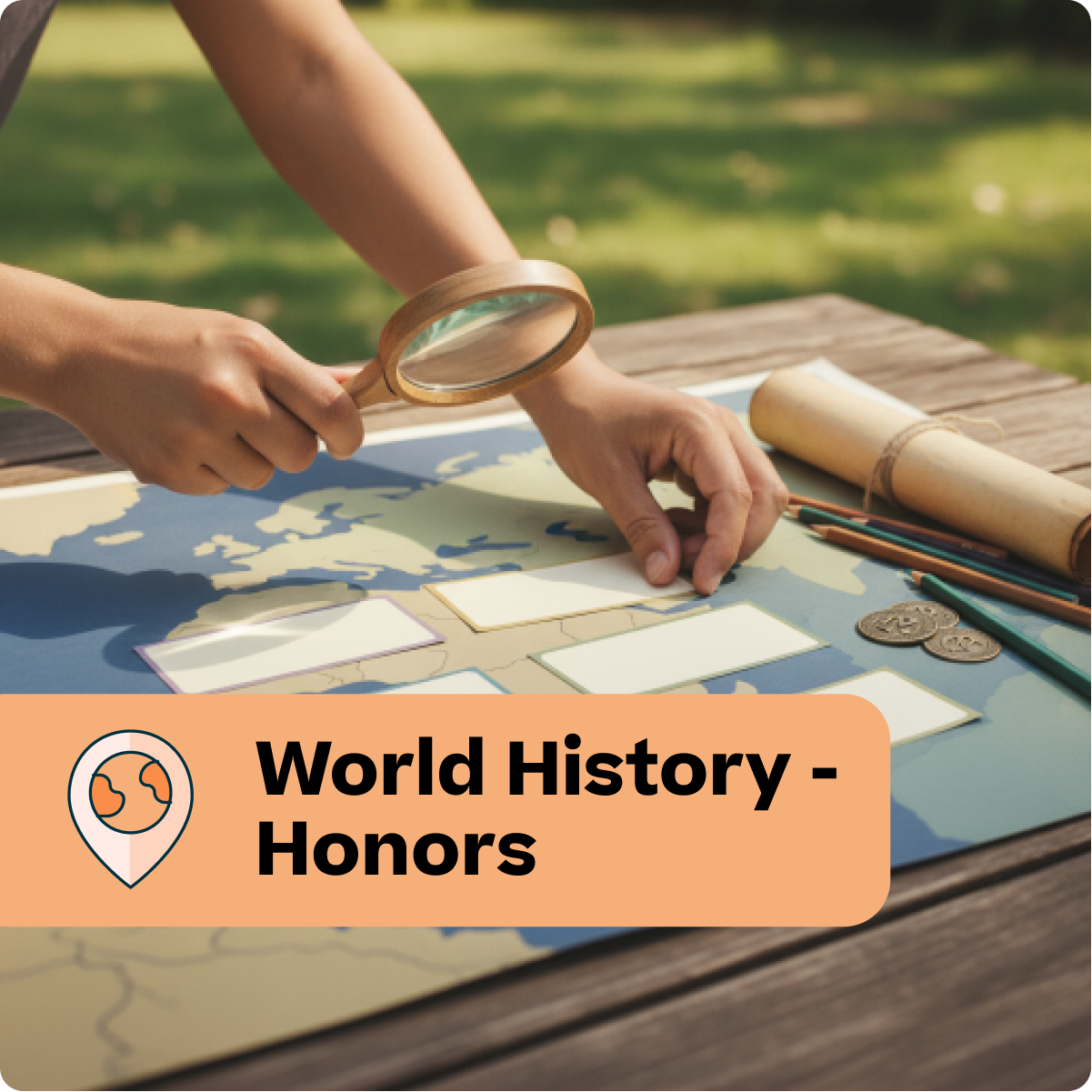 Person using a magnifying glass on a world map with text 'World History - Honors' at the bottom.