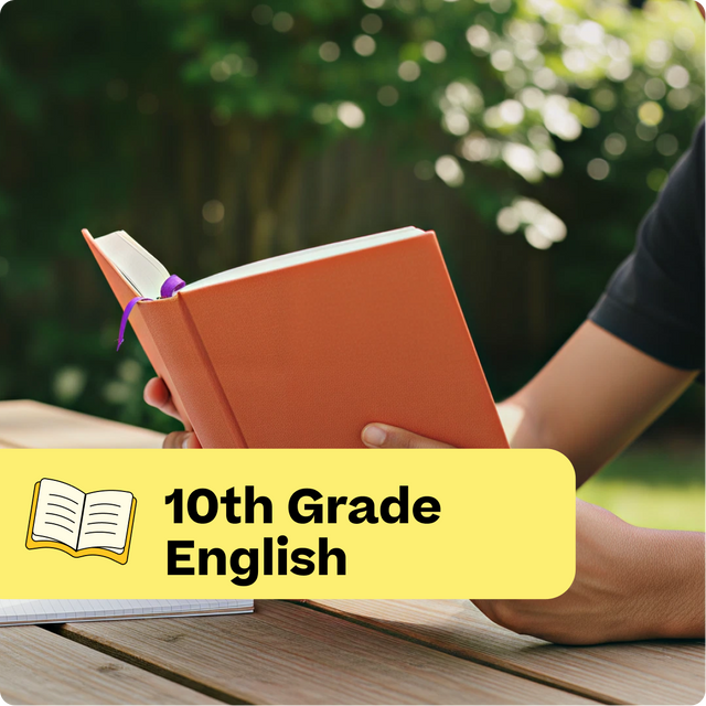 Person holding an open book outdoors with a yellow banner indicating '10th Grade English'.