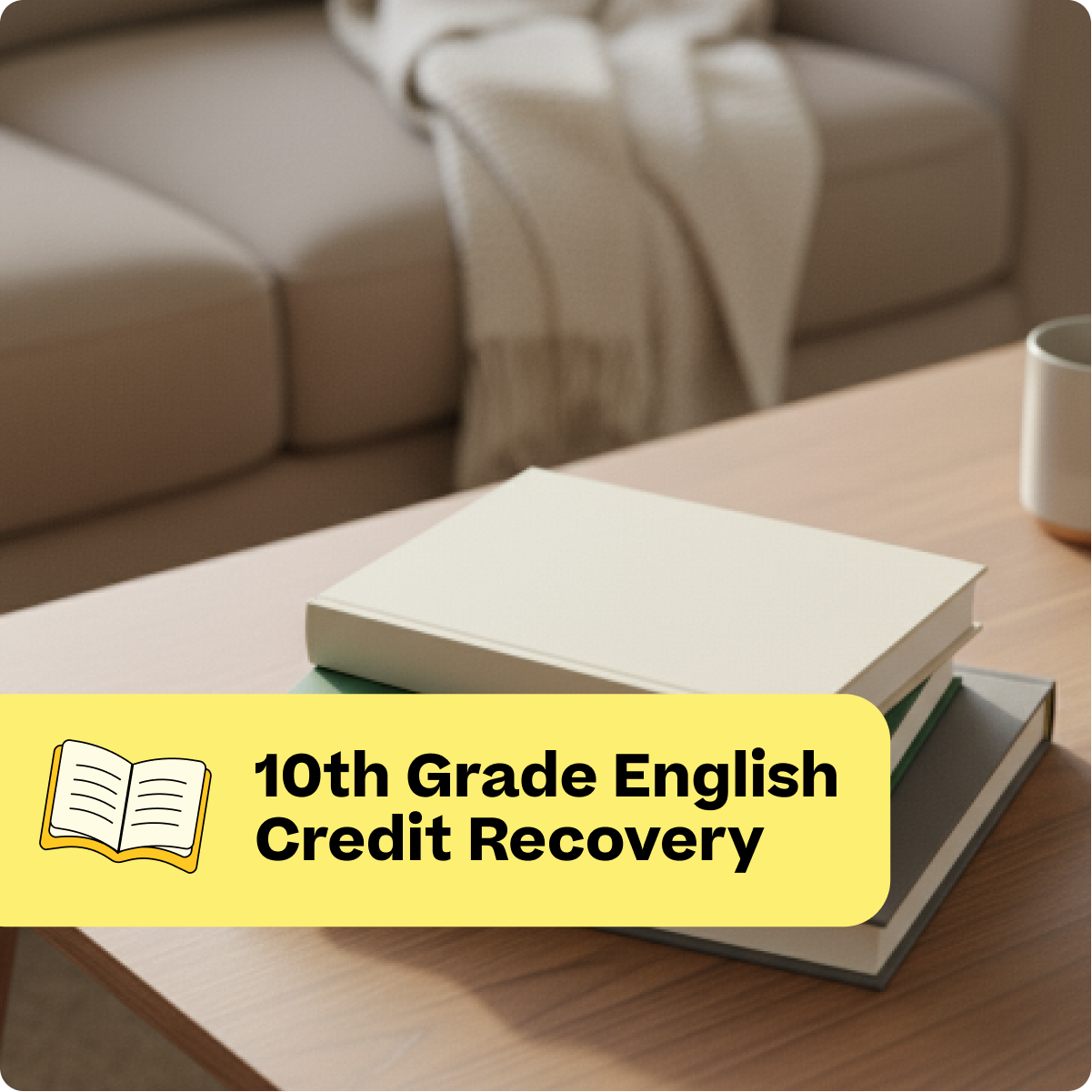Stack of books on a table with a yellow banner indicating '10th Grade English Credit Recovery' in a home setting.