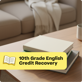 Stack of books on a table with a yellow banner indicating '10th Grade English Credit Recovery' in a home setting.