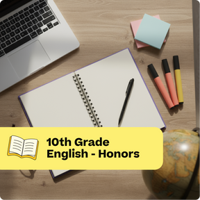 Open notebook with pen, markers, and laptop on a wooden desk with '10th Grade English - Honors' text overlay.