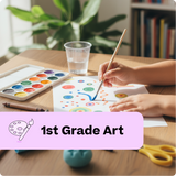 Child painting with watercolors on a piece of paper at a table with art supplies.