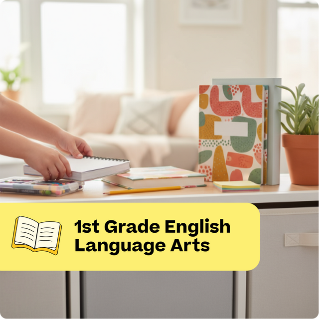 Educational materials on a desk with a yellow label indicating '1st Grade English Language Arts'.