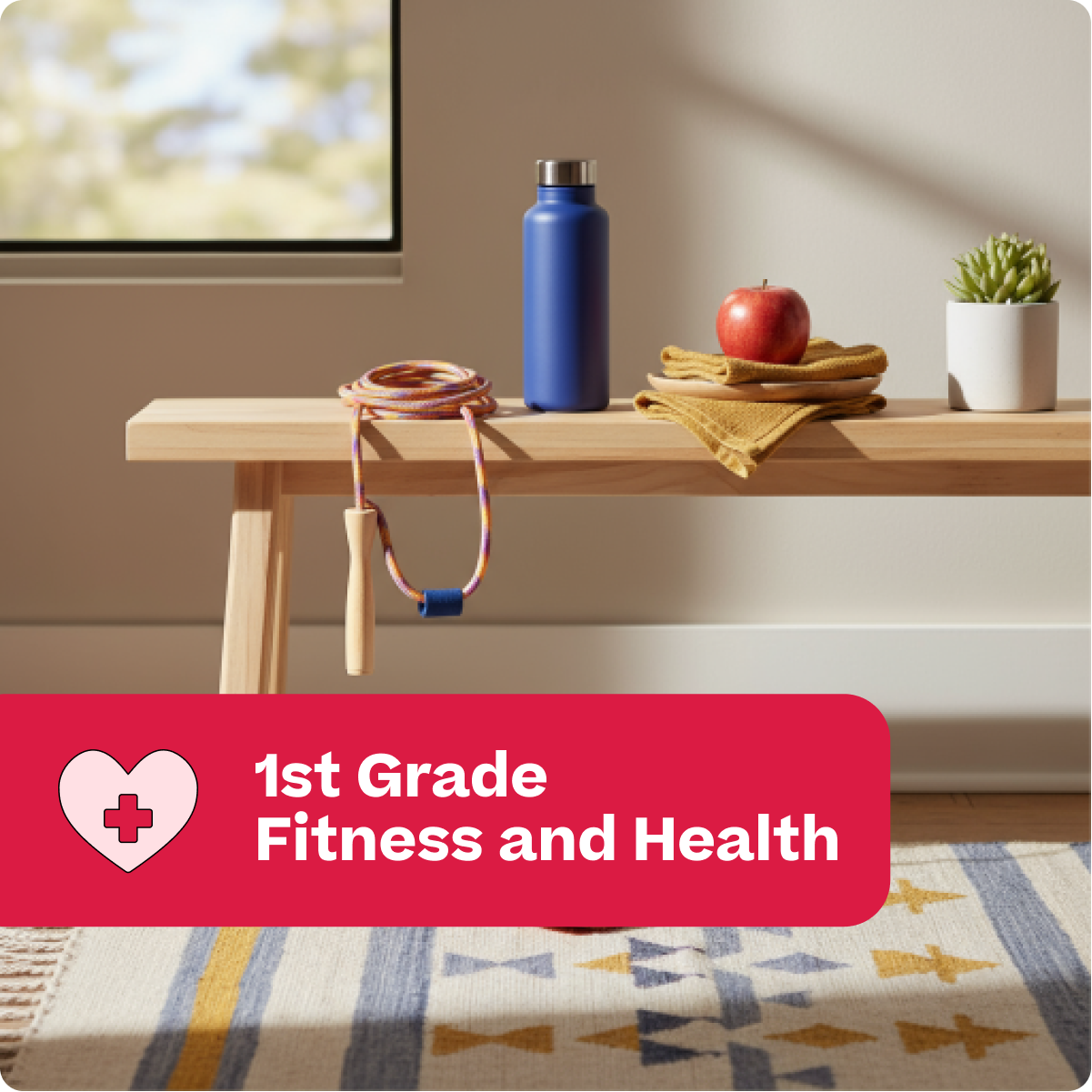 Blue water bottle, apple, and jump rope on a wooden table with '1st Grade Fitness and Health' text.