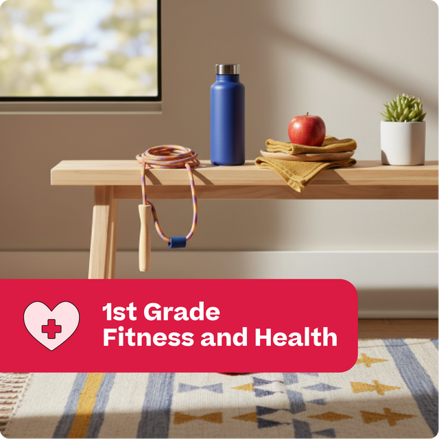 Blue water bottle, apple, and jump rope on a wooden table with '1st Grade Fitness and Health' text.