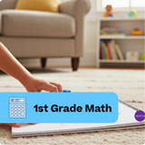 Person using a calculator with a blurred living room background, labeled '1st Grade Math'.