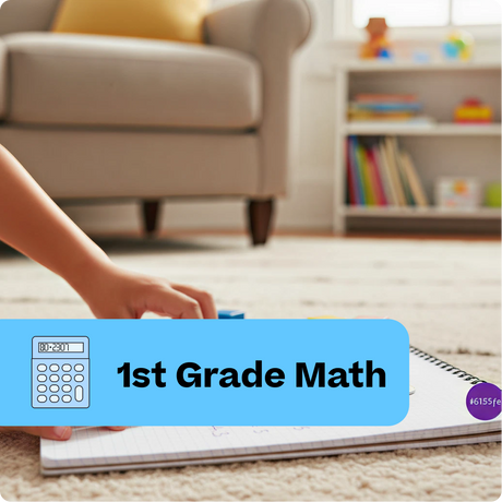 Person using a calculator with a blurred living room background, labeled '1st Grade Math'.