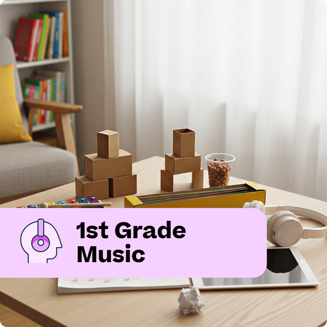 Children's play area with cardboard blocks, tablet, and headphones on a table.