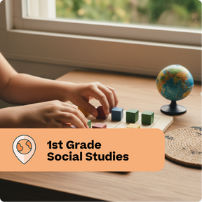 Child playing with blocks on a table with a globe in the background, labeled '1st Grade Social Studies'.