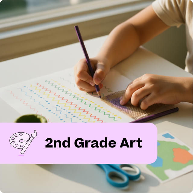 Child drawing with colored pencils on a piece of paper, with a window in the background.