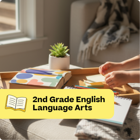 Person working on English language arts homework with books and a plant on a table.