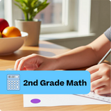 Person working on math problems with a calculator and paper at a table, with a bowl of fruit and plant in the background.