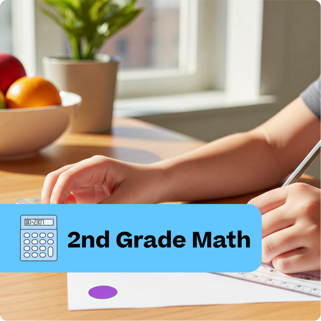 Person working on math problems with a calculator and paper at a table, with a bowl of fruit and plant in the background.