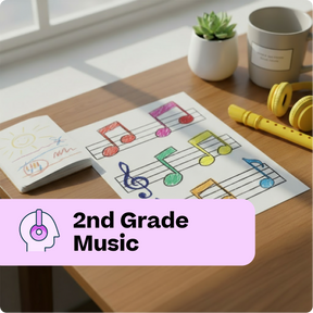 Colorful music notes on a sheet of paper with a yellow recorder and plant on a wooden desk.