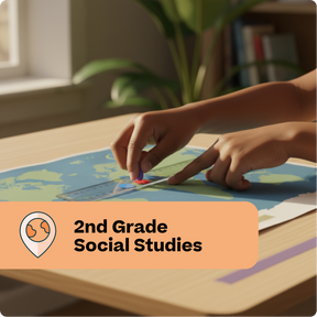 Person using a map with a marker, labeled '2nd Grade Social Studies', on a table.