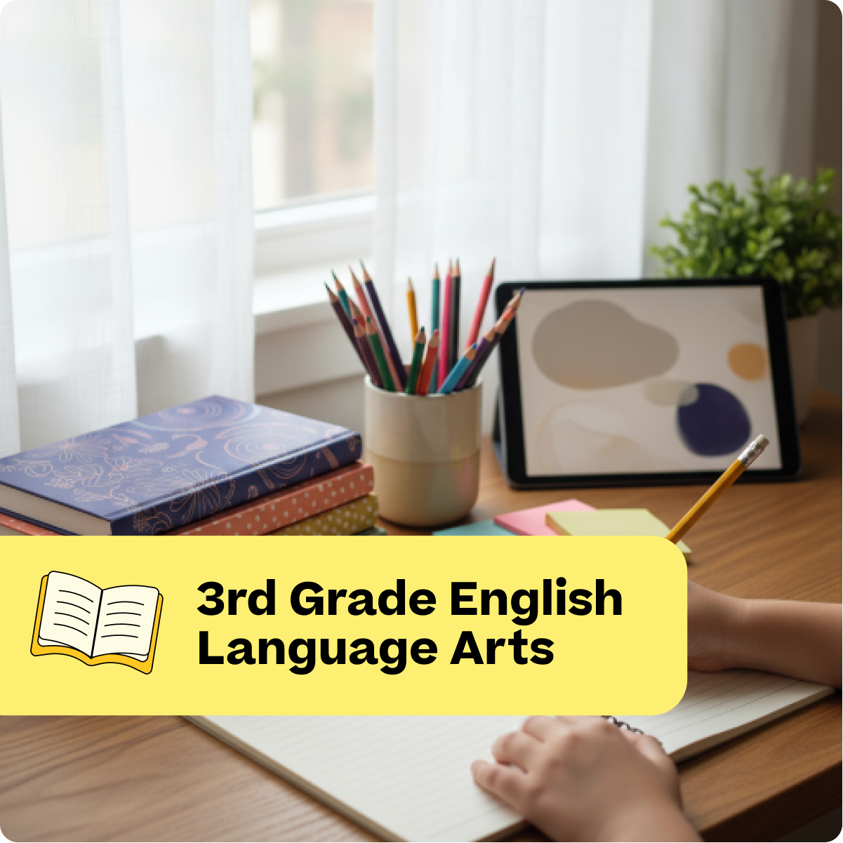 Desk with books, pencils, and a tablet with a child's hand on paper, labeled '3rd Grade English Language Arts'.
