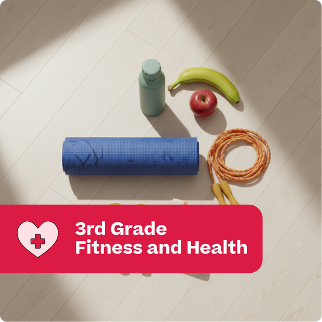 Blue yoga mat, green bottle, bananas, apple, and jump rope on a wooden floor with '3rd Grade Fitness and Health' text.