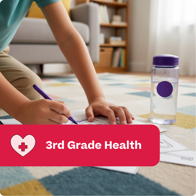 Child writing with a purple pen on a colorful rug, next to a water bottle with a purple lid, in a home setting.