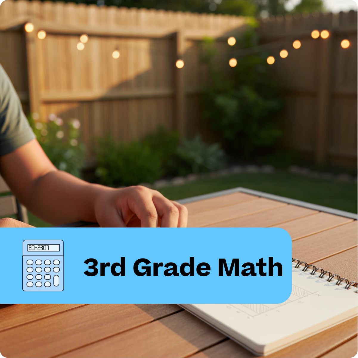 Person sitting at a table outdoors with a calculator and notebook, labeled '3rd Grade Math'.
